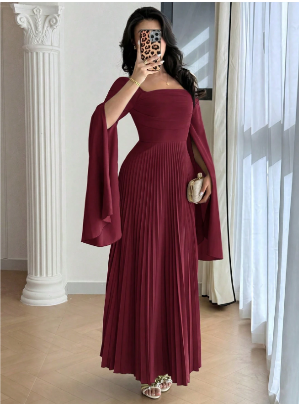 Elegant burgundy square neck slit dress with flowing sleeves