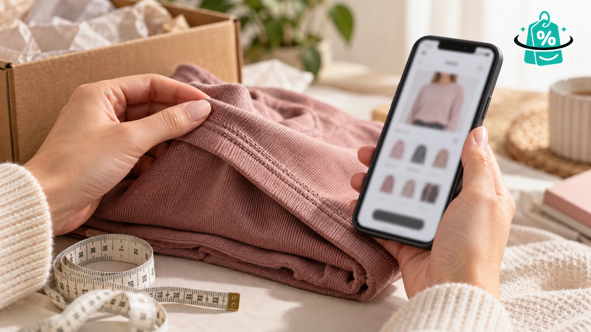 Illustrative close-up of checking a garment’s fabric and stitching beside a phone showing a shopping page.