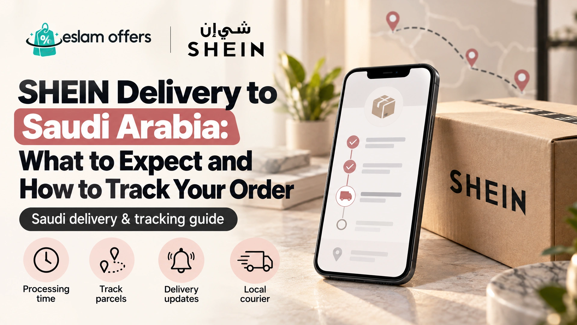 SHEIN delivery and tracking guide cover for Saudi Arabia, with a smartphone beside a parcel and simple tracking icons.