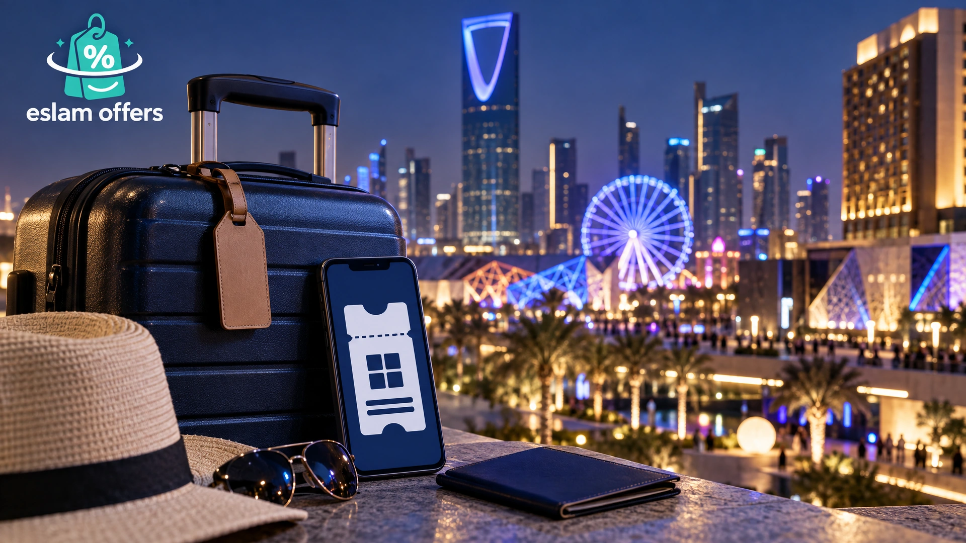 Suitcase and phone with an abstract digital ticket against the Riyadh skyline at night, illustrating trip planning for Riyadh Season 2026.