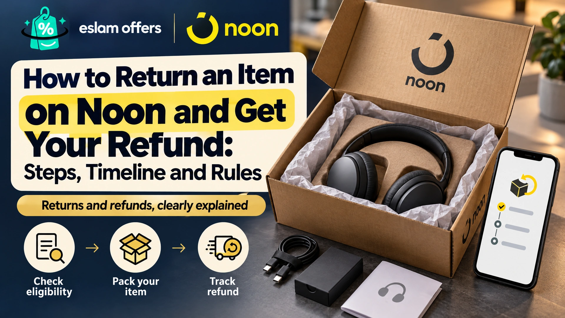Editorial cover for a step-by-step guide to Noon returns, country-specific rules, and refunds