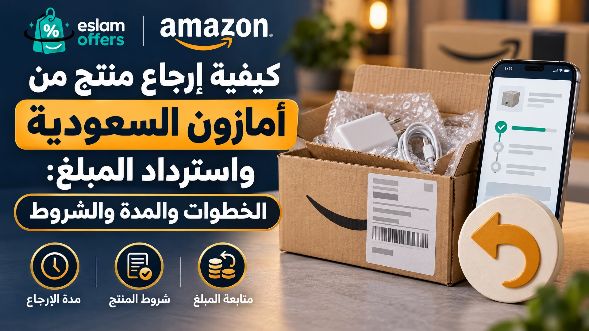غلاف عربي لدليل إرجاع منتج من أمازون السعودية واسترداد المبلغ، مع طرد مُجهز للإرجاع وهاتف يعرض متابعة طلب بصورة رمزية.