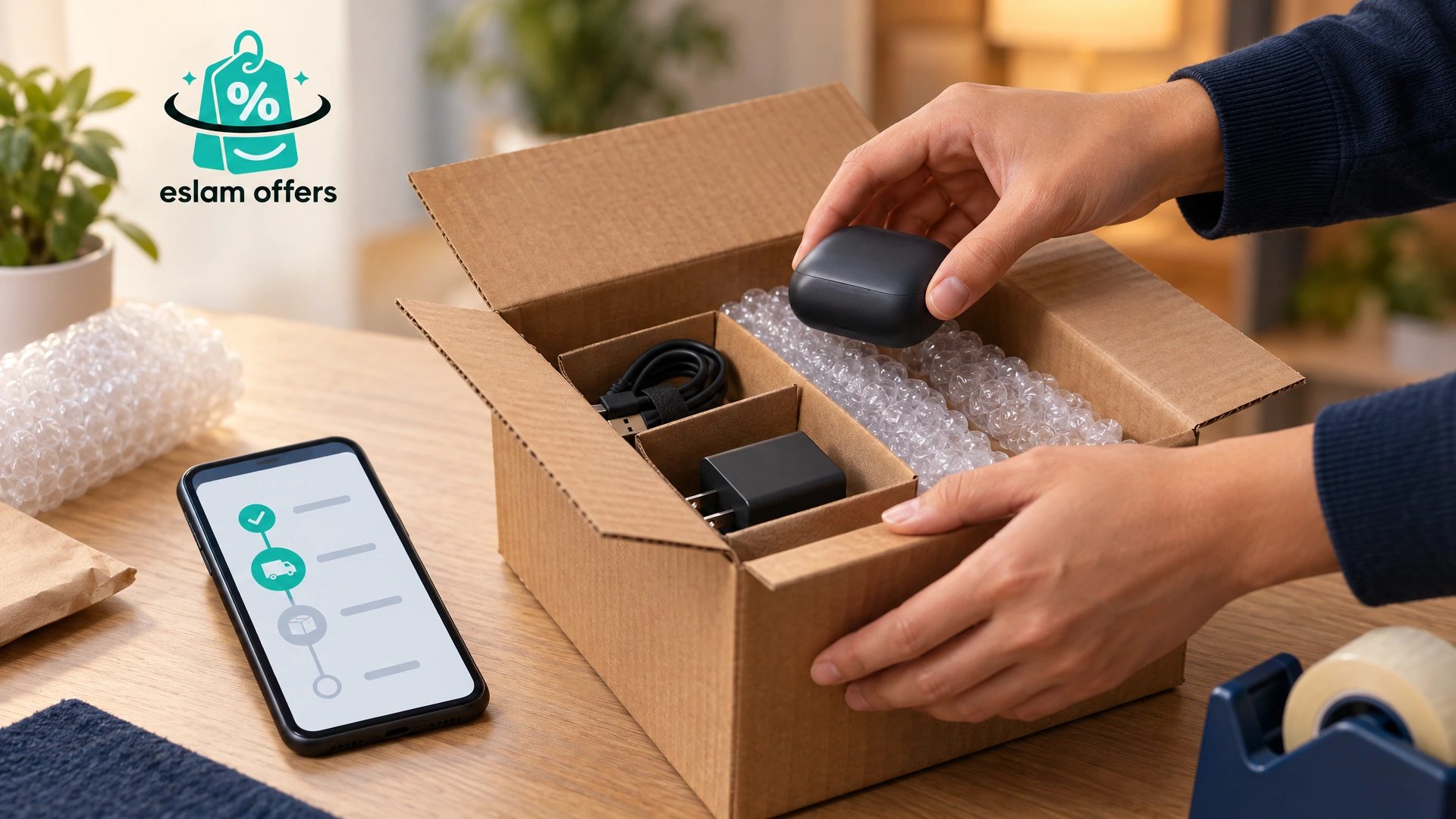 A device and accessories packed in a return box beside a phone for checking an Amazon Saudi Arabia refund status.