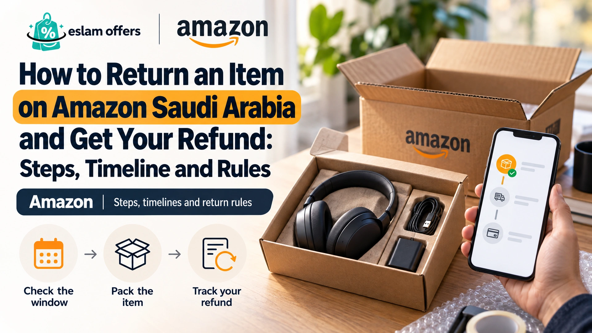 Editorial cover for an Amazon Saudi Arabia return and refund guide, showing a packed electronics parcel and phone with return progress alongside the headline and separate brand logos.